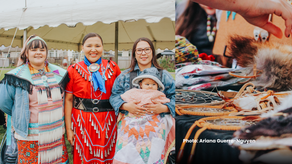 Students and community members gather around vibrant craft displays
