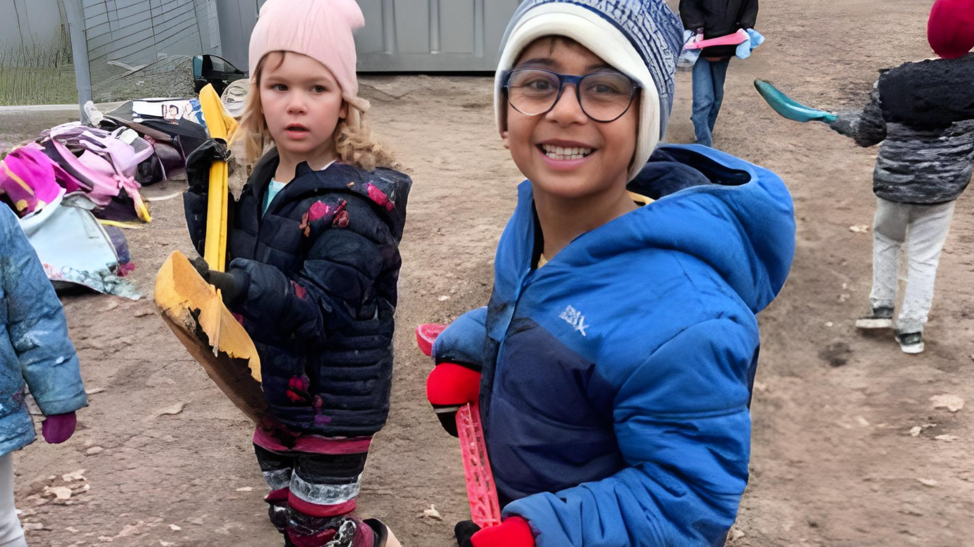 Guardian Angels' students working in their school project outdoors